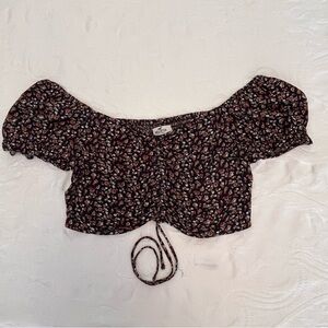 Hollister Navy Floral Cropped Puff Sleeve Off Shoulder Top Scrunch Front Tie LG